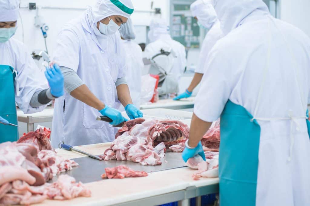 employees cutting meat at a processing facility