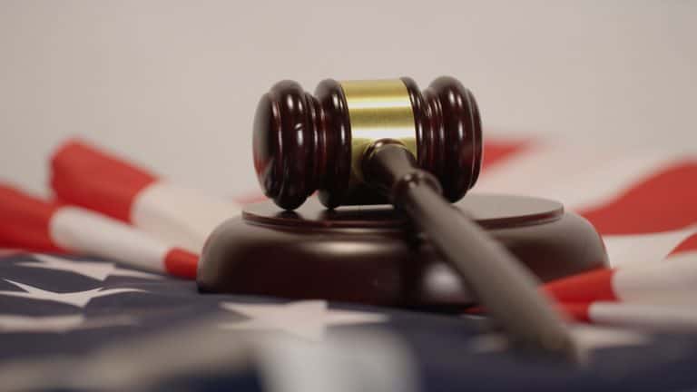 Judge's gavel on American flag