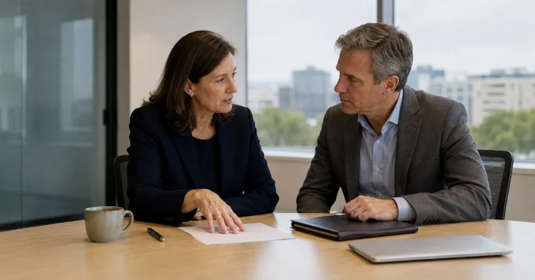 False Claims Act defense counsel and a company executive talking over a single page at a conference table