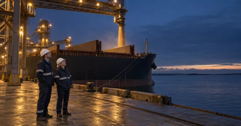 At a grain export terminal, agricultural trade policy managers watch grain pour into a bulk carrier
