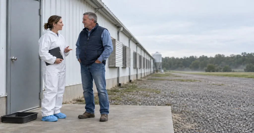 Veterinarian and production manager discussing animal health policy outside a poultry house