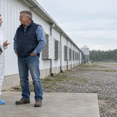 Veterinarian and production manager discussing animal health policy outside a poultry house