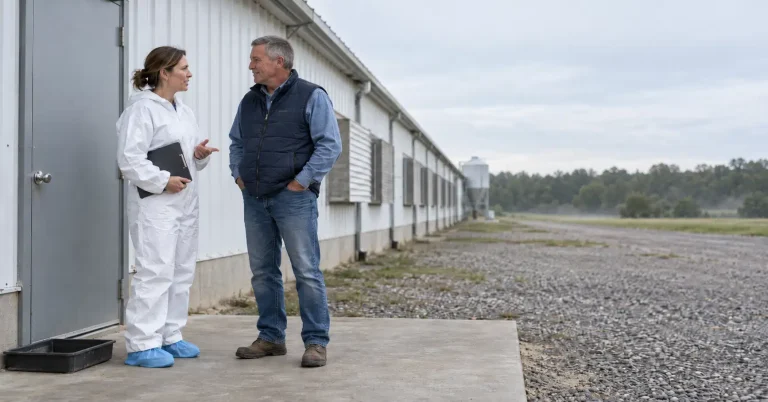 Veterinarian and production manager discussing animal health policy outside a poultry house