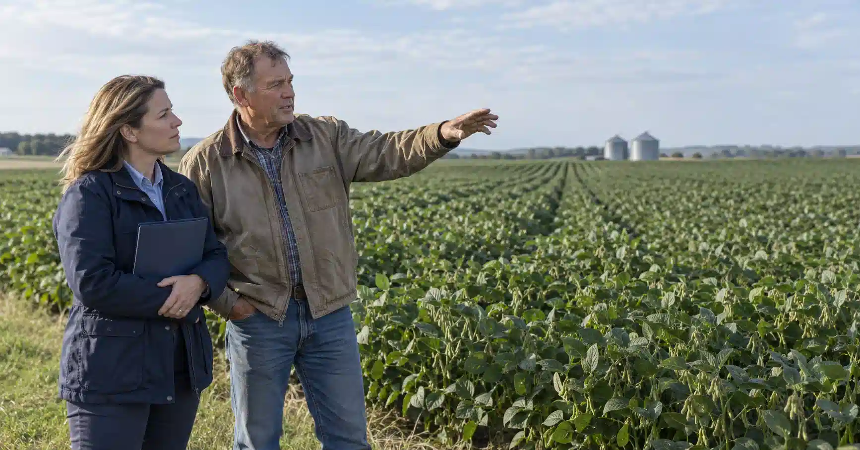Grain grower and policy advisor in a soybean field discussing the federal crop insurance program