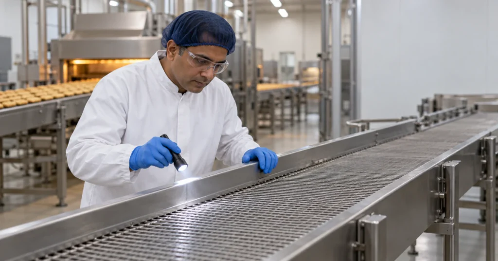 Quality manager checking a cleaned bakery conveyor with a flashlight for an FDA warning letter response