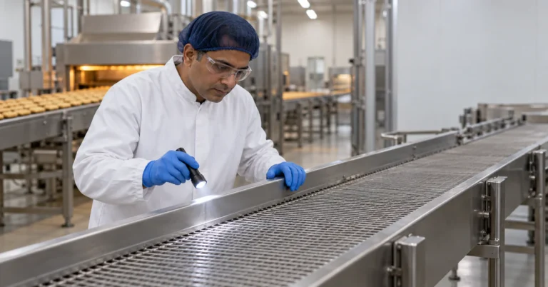 Quality manager checking a cleaned bakery conveyor with a flashlight for an FDA warning letter response
