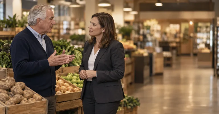 Grocery store owner and a food policy advisor by a produce display discussing federal nutrition programs