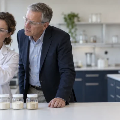 Lab review of a sealed ingredient jar by a scientist and a regulatory director under food safety legislation