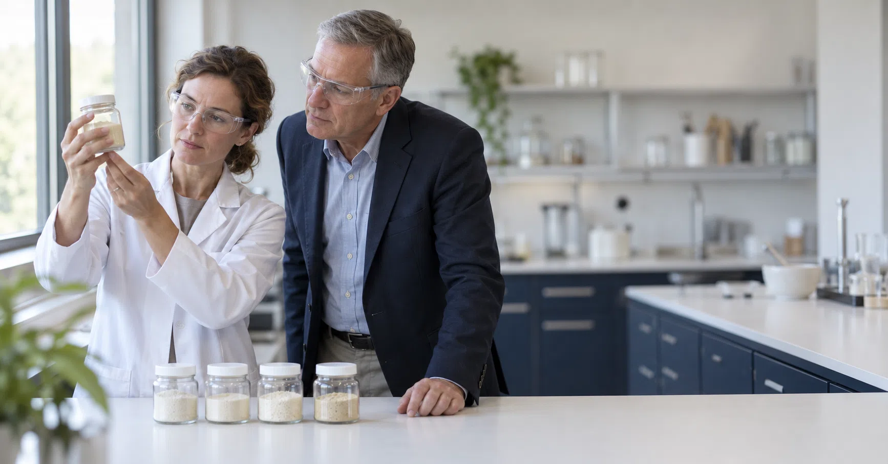 Lab review of a sealed ingredient jar by a scientist and a regulatory director under food safety legislation