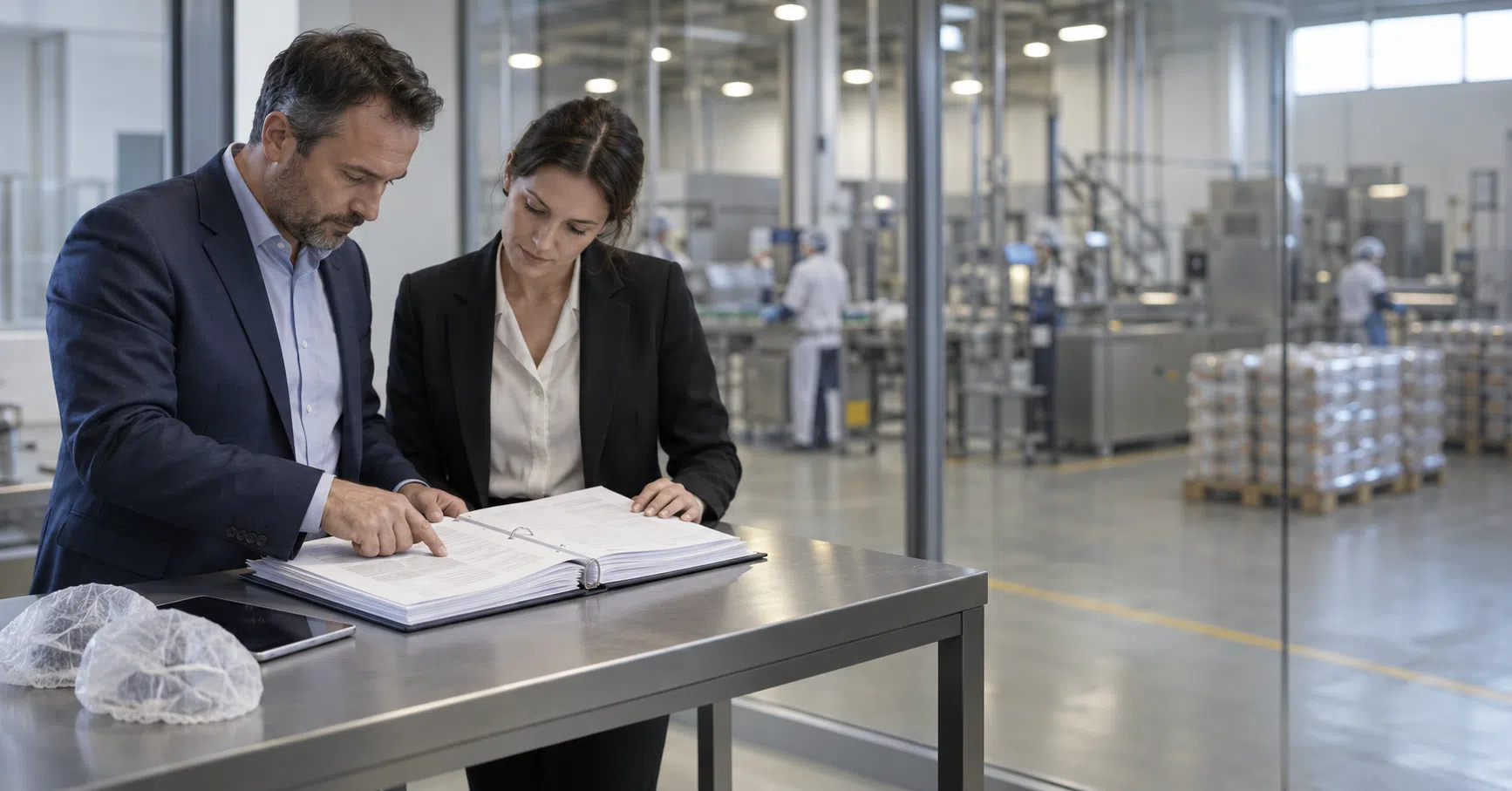 Government procurement contract review at a food processing facility office