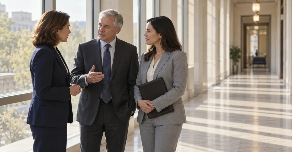 In a sunlit corridor, a senior legal officer faces a two-person government relations law team