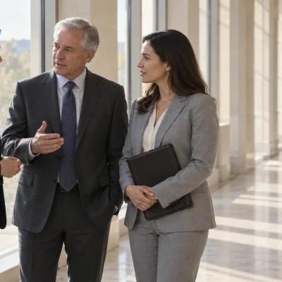 In a sunlit corridor, a senior legal officer faces a two-person government relations law team