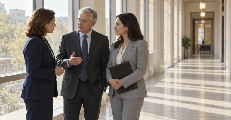 In a sunlit corridor, a senior legal officer faces a two-person government relations law team