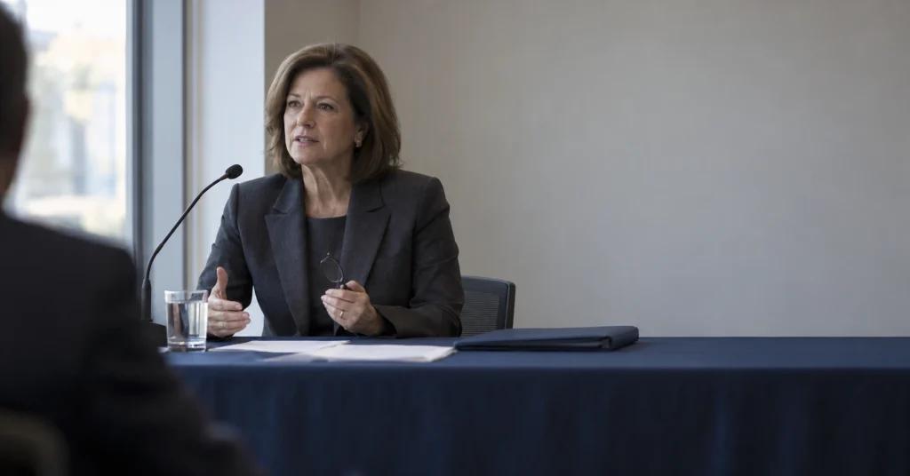 At a witness table, a food company executive rehearses her opening statement for legislative advocacy