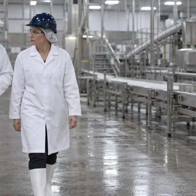Meat and poultry plant manager walking an idle processing line with a government relations lawyer