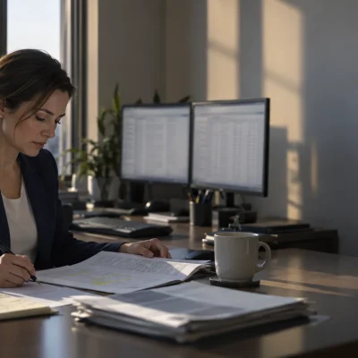 Regulatory intelligence analyst reviewing federal rulemaking signals at a Washington DC desk