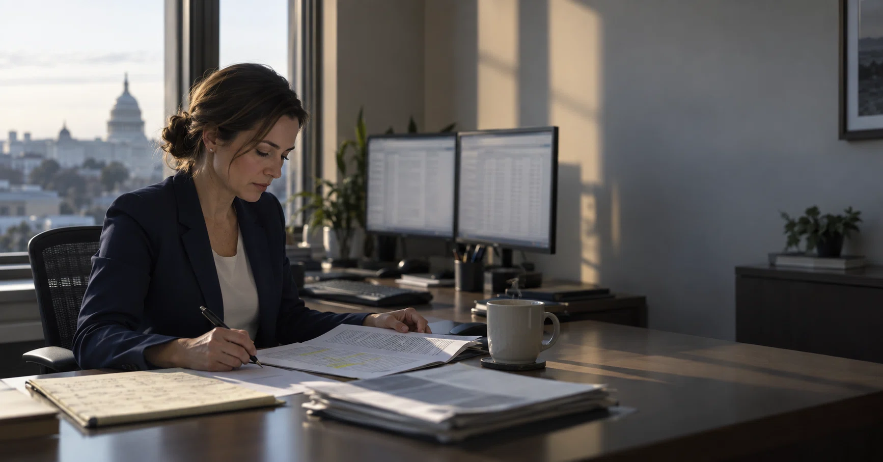 Regulatory intelligence analyst reviewing federal rulemaking signals at a Washington DC desk
