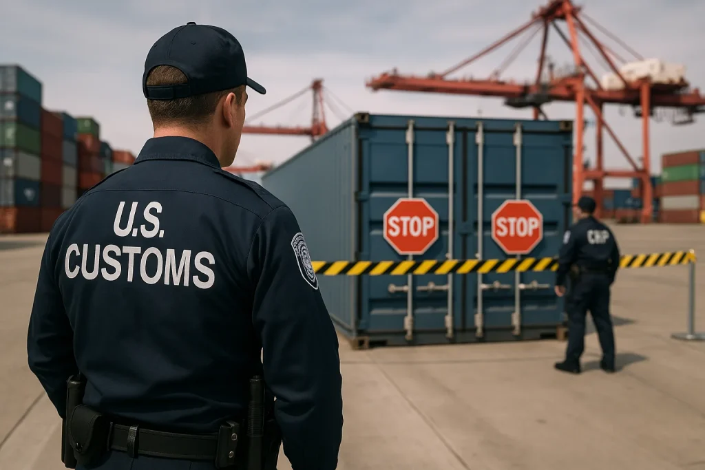 U.S. Customs officer at a port facing a shipping container closed off with stop signs and barrier tape